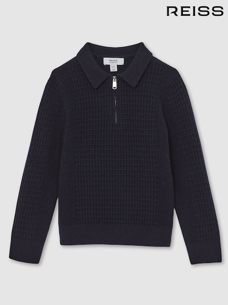 Reiss Navy Blue Hamilton 13-14 yrs Wool Waffle-Knit Half-Zip Polo Shirt (W55360) | €73