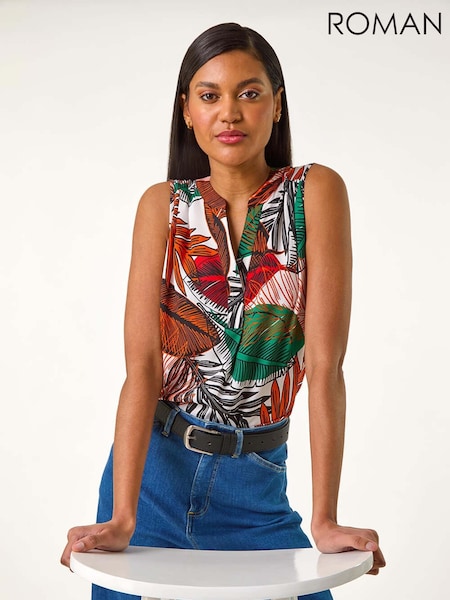 Roman Orange Leaf Print Pleated Vest Top (W55427) | €40