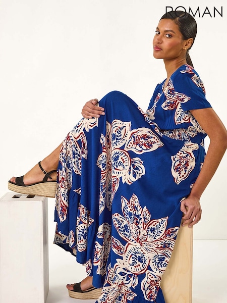 Roman Blue Leaf Print Shirred Maxi Dress (W55428) | R$ 700