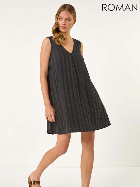 Negru - Rochie scurtă texturată Romană în linie A din 100% bumbac (W55431) | 313 LEI