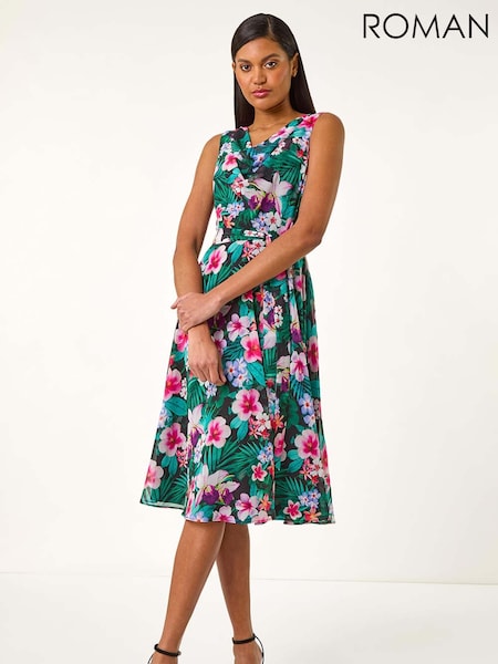 Roman Floral Print Chiffon Cowl Neck Dress (W55432) | 86 €