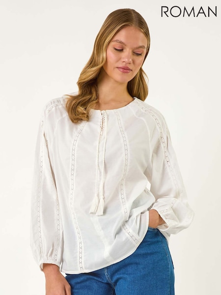 Roman White Lace Trim Tie V-Neck 100% Cotton Top (W55433) | €45