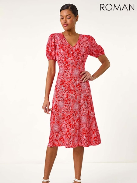 Roman Red Floral Print Midi Tea Dress (W55436) | €63