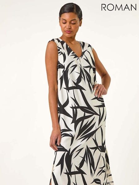 Roman Black Leaf Print Zip Detail Midi Dress (W55442) | R$ 605