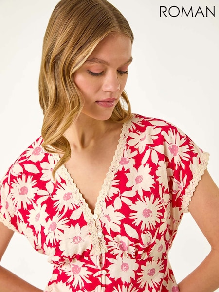 Roman Red Floral Print Lace Trim Top (W55443) | AZN 123
