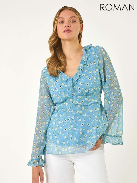 Roman Blue Ditsy Floral Print Frilled Blouse (W55444) | AED328