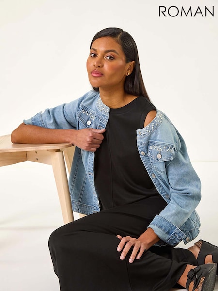 Roman Blue Pearl Detail Collarless Jacket (W55446) | €77