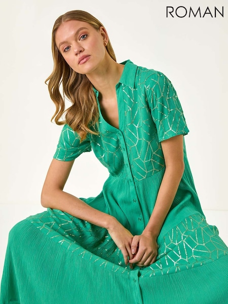 ירוק - Roman Foil Print V-Neck Button Midi Dress (W55454) | ‏365‏₪