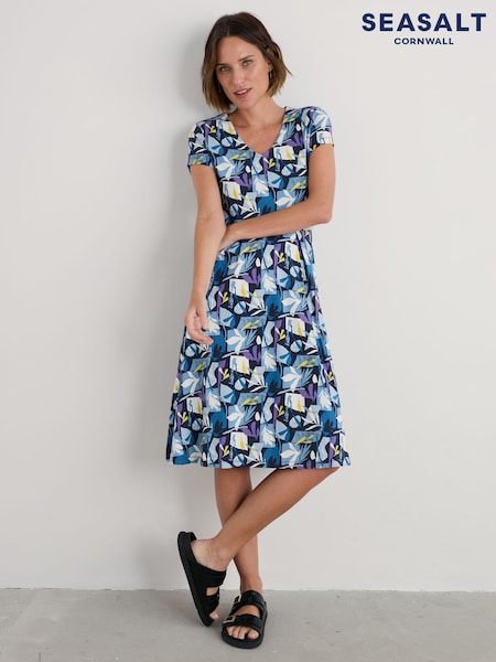 Seasalt Cornwall Coral Blue Secret Cove 3/4 Sleeve Midi Dress (W55609) | €90