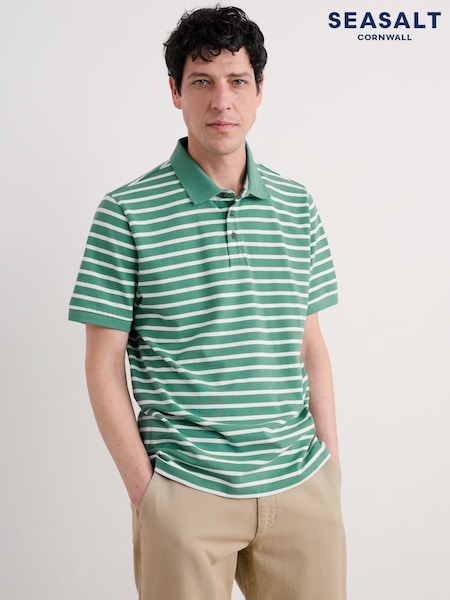 Seasalt Cornwall Green Mens Balefire Striped Polo Shirt (W55627) | €57