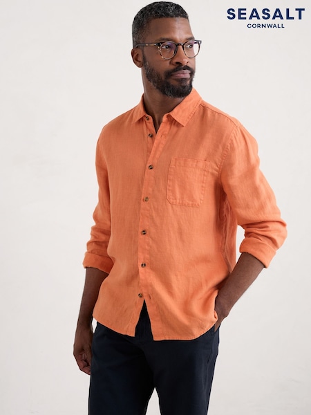Seasalt Cornwall Orange Mens Curator 100% Linen Shirt (W55636) | €120