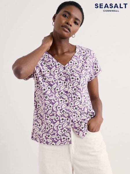 Seasalt Cornwall Purple Studio Glass V-Neck Jersey 100% Cotton Top (W55638) | €54
