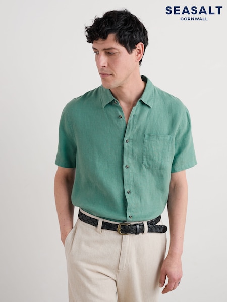 Seasalt Cornwall Green Mens Carne Short Sleeve 100% Linen Shirt (W55639) | €104