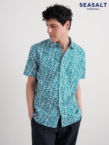 Seasalt Cornwall Blue Mens Barque Short Sleeve 100% Organic Cotton Shirt (W55658) | €95