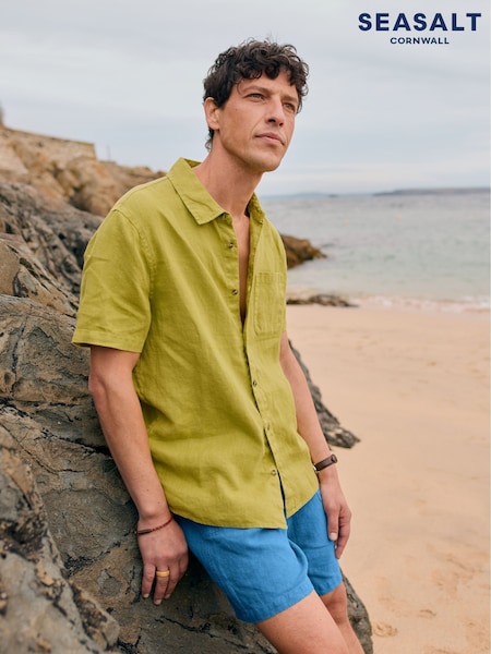 Seasalt Cornwall Light Green Mens Carne Short Sleeve 100% Linen Shirt (W55659) | €104