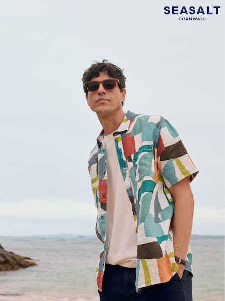 Seasalt Cornwall Blue Mens Heron Short Sleeve Shirt (W55717) | €111