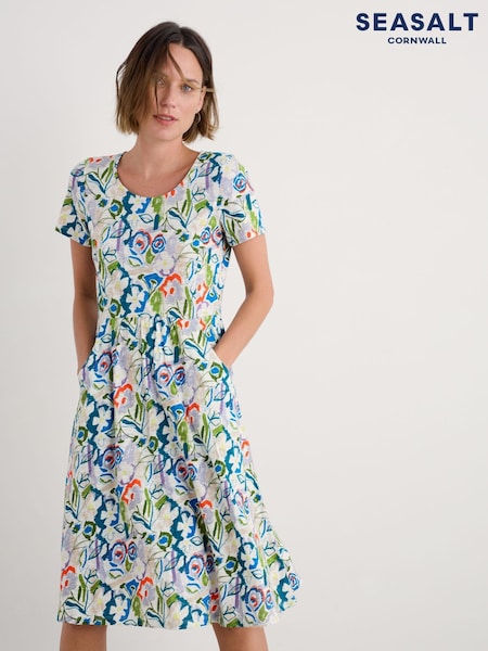 Seasalt Cornwall Blue Tall Petite Enor Fit and Flare 100% Organic Cotton Dress (W55758) | €95