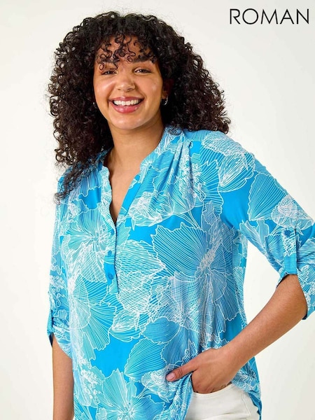 Roman Blue Curve Textured Floral Print V-Neck Blouse (W55792) | €64