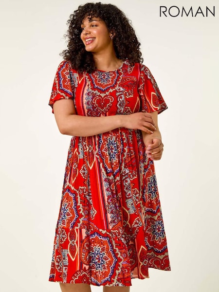 Roman Curve Print Shirred Midi Dress (W55796) | R$ 605