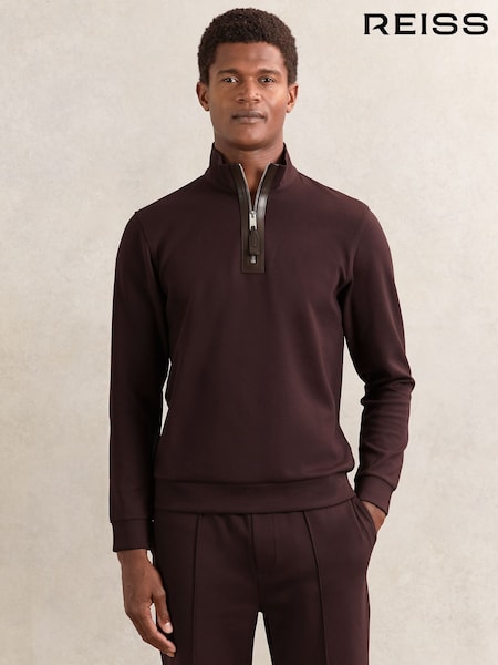 Reiss Cherry Red Hale Leather-Placket Interlock Sweatshirt (W55806) | AZN 296