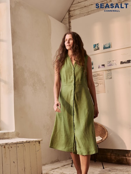 Seasalt Cornwall Green Carved Wood Sleeveless 100% Linen Dress (W55898) | €109