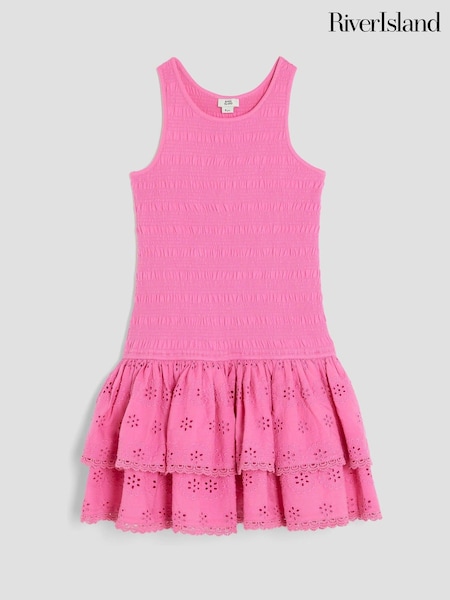River Island Pink Girls Shirred Broderie Rara 100% Cotton Dress (W55908) | AED128