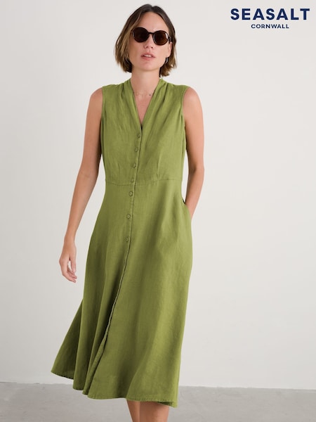 Seasalt Cornwall Green Tall Carved Wood Sleeveless 100% Linen Dress (W55985) | €109