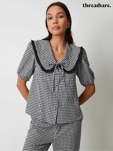 Threadbare Black Gingham Ruffle Collar Puff Sleeve 100% Cotton Blouse (W56176) | €33
