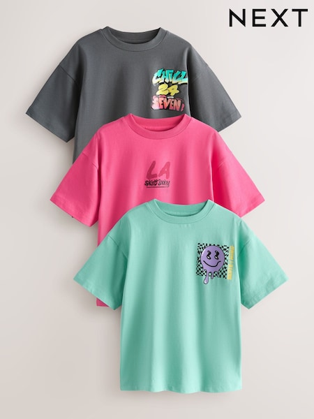 Teal/Grey/Pink Relaxed Fit Graphic Print Short Sleeve T-Shirts 3 Pack (3-16yrs) (W56187) | AED91 - AED122