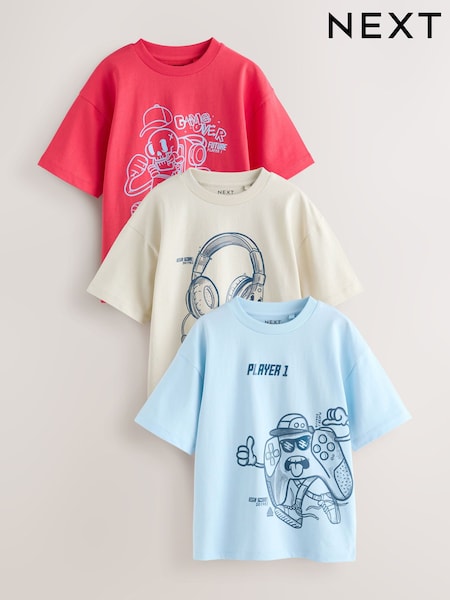 Red/Blue/Cement Regular Fit Graphic Print Short Sleeve T-Shirts 3 Pack (3-16yrs) (W56190) | €33 - €42