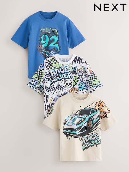 Blue/Ecru/White Regular Fit Graphic Print Short Sleeve T-Shirts 3 Pack (3-16yrs) (W56191) | $57 - $71