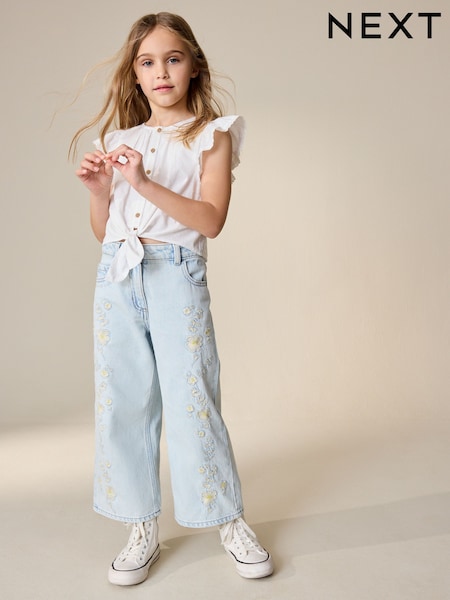 Light Blue Floral Embroidered Wide Leg Jeans (3-16yrs) (W56297) | AED102 - AED127