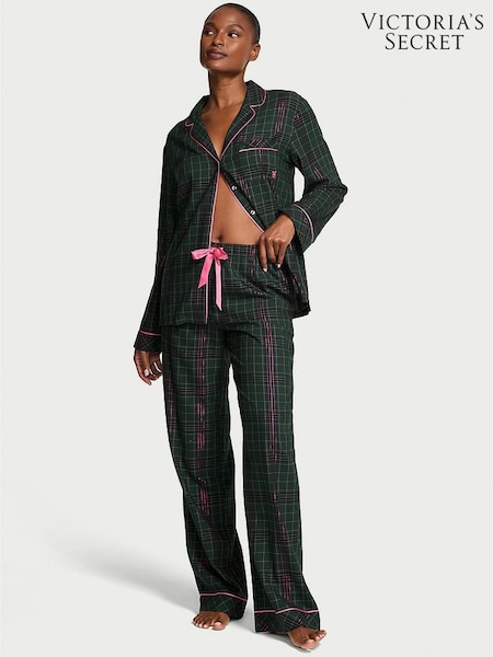 Victoria's Secret Clover Green Christmas Tartan Flannel Long Pyjamas Set (W56446) | €77