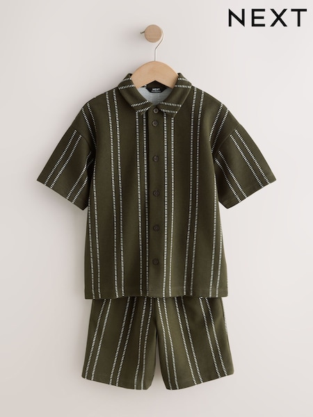 Khaki Green Stripe Revere Button Through Shirt and Shorts Set (3-16yrs) (W56538) | AED112 - AED152