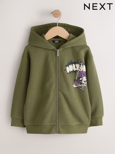 Khaki Green Graffiti Graphic Zip Through Hoodie (3-16yrs) (W56566) | SGD 36 - SGD 47