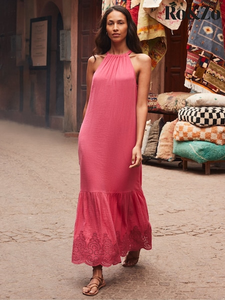 Ro&Zo Pink Broderie Hem Cheesecloth 100% Cotton Midi Dress (W56636) | 7,150 UAH