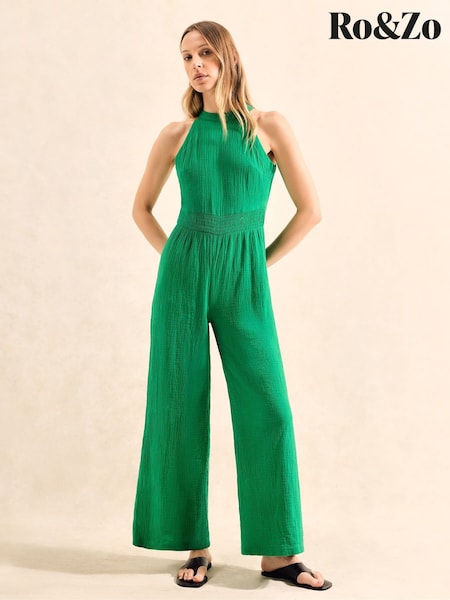 Ro&Zo Green Shirred Waist Cheesecloth 100% Cotton Jumpsuit (W56647) | €136