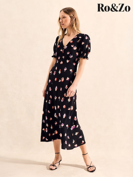 Ro&Zo Pansy Print Shirred Cuff Midi Dress (W56651) | 152 €