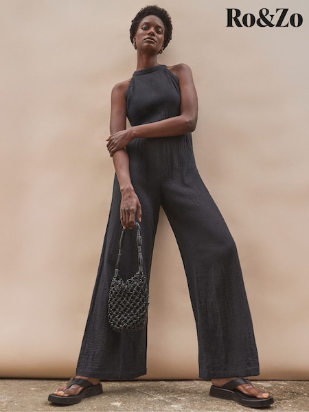 Ro&Zo Black Shirred Waist Cheesecloth 100% Cotton Jumpsuit (W56657) | €136
