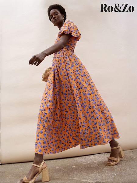 Ro&Zo Orange Floral Puff Sleeve Dress (W56661) | € 217