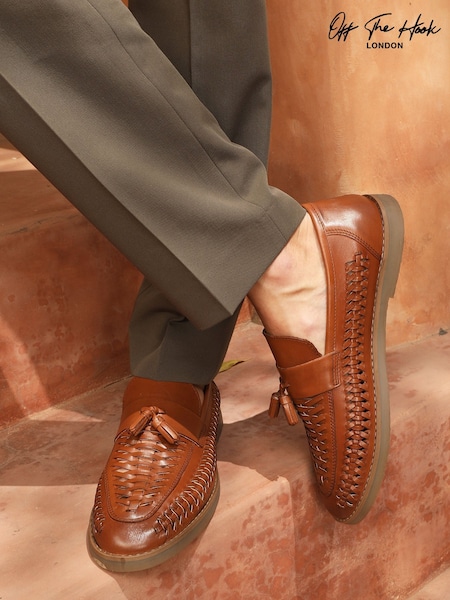 Off The Hook Brown Tiger Tassel Leather Slip-On Loafers with Woven Detail (W56714) | €55