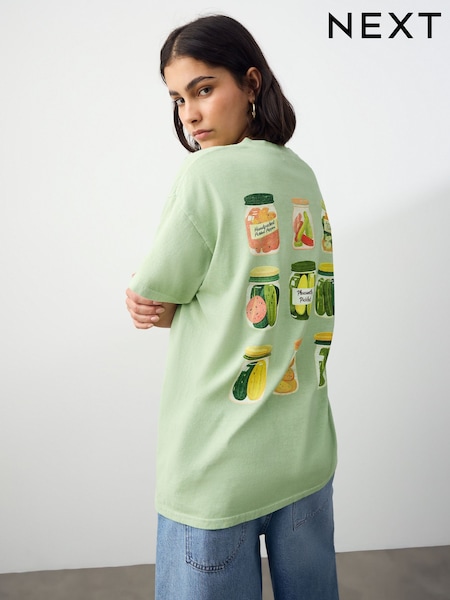 Lime Green Oversized Washed Pickle Jars Food Graphic Print Short Sleeve Crew Neck T-Shirt (W56833) | R$ 210