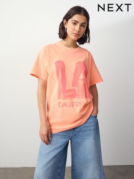 Fluro Orange Oversized Washed Bright LA City Graphic Print Short Sleeve Crew Neck T-Shirt (W56842) | €32