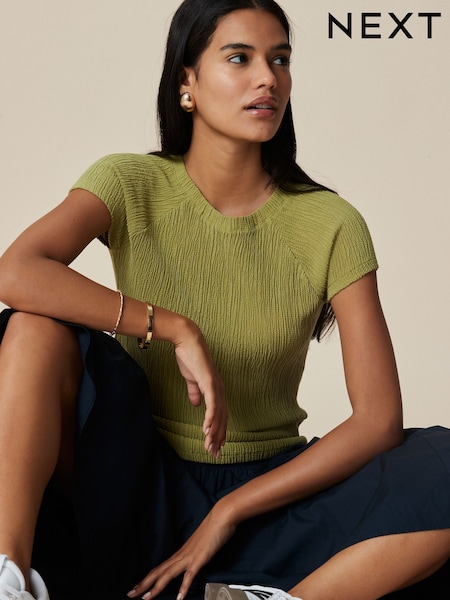 Verde cáqui - Raglan Short Sleeve Textured Top (W56897) | R$ 155