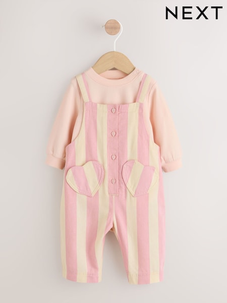 Cream/ Pink Stripe Baby Dungarees and Bodysuit Set 2 Piece (0mths-3yrs) (W57029) | R$ 195 - R$ 215