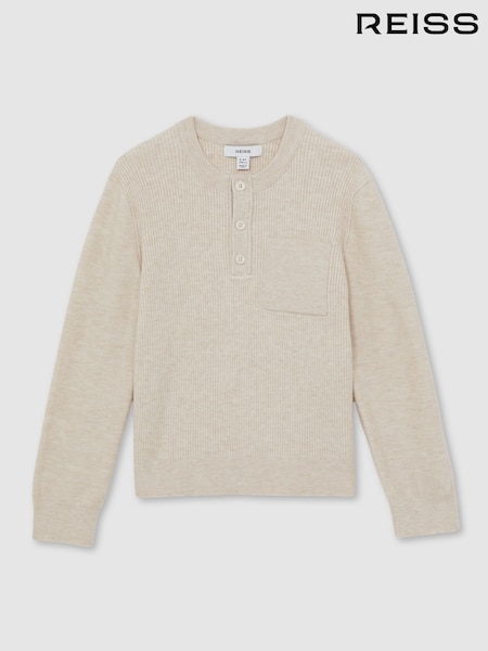 Reiss Oatmeal Melange Harrison Cotton Blend Rib Knit Henley Top (W57116) | €67