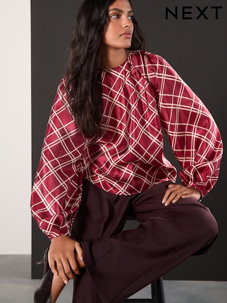Red/Gold Check Volume Long Sleeve Blouse (W57120) | €33