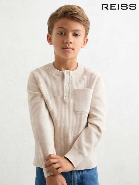 Reiss Oatmeal Melange Harrison Cotton Blend Rib Knit Henley Top (W57124) | €58