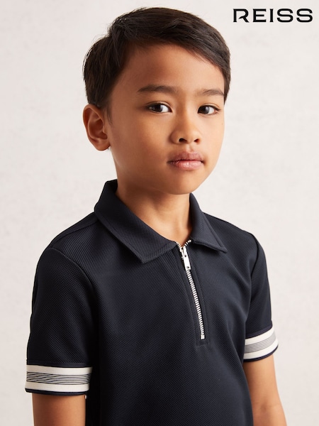 Reiss Navy Blue Wills 9-13 yrs Textured Half Zip Polo Shirt (W57167) | €45