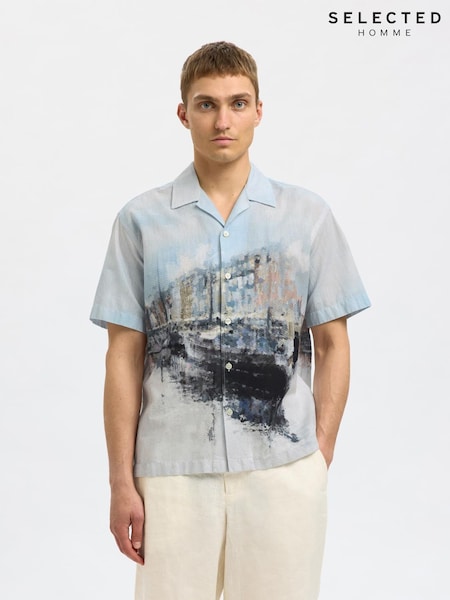Selected Homme Blue Revere Collar Printed Short Sleeve Shirt (W57209) | €80